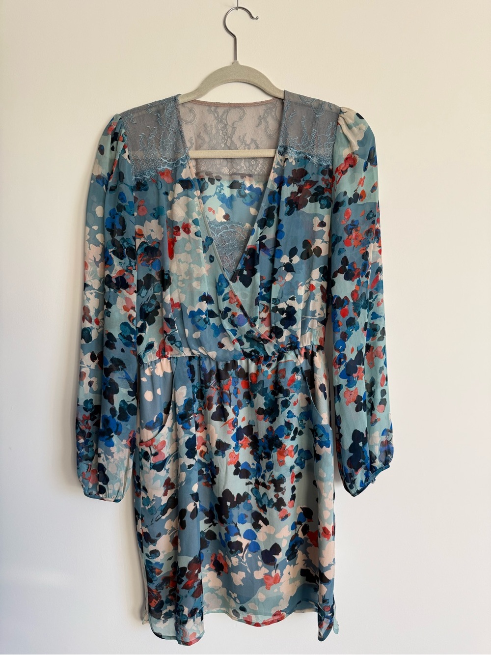 BCBG Blue Floral Wrap-Style Women's Dress